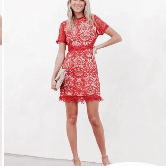 NWOT Lena Crochet Lace Mini Dress with Scalloped Bottom in Red Size XS - Picture 4 of 7